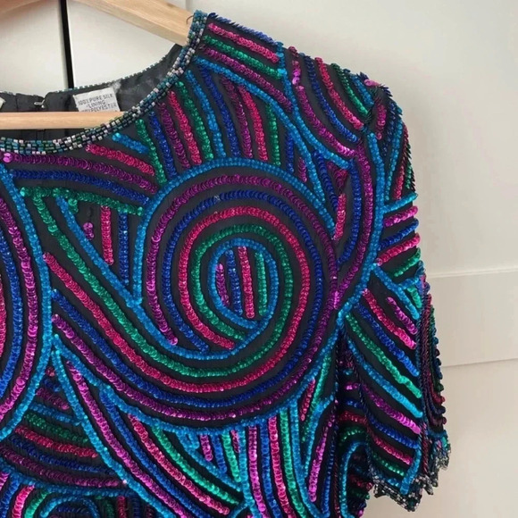 80’s Vintage Black With Colorful Sequins Silk Top Size M New Year’s Party Retro - Picture 4 of 12